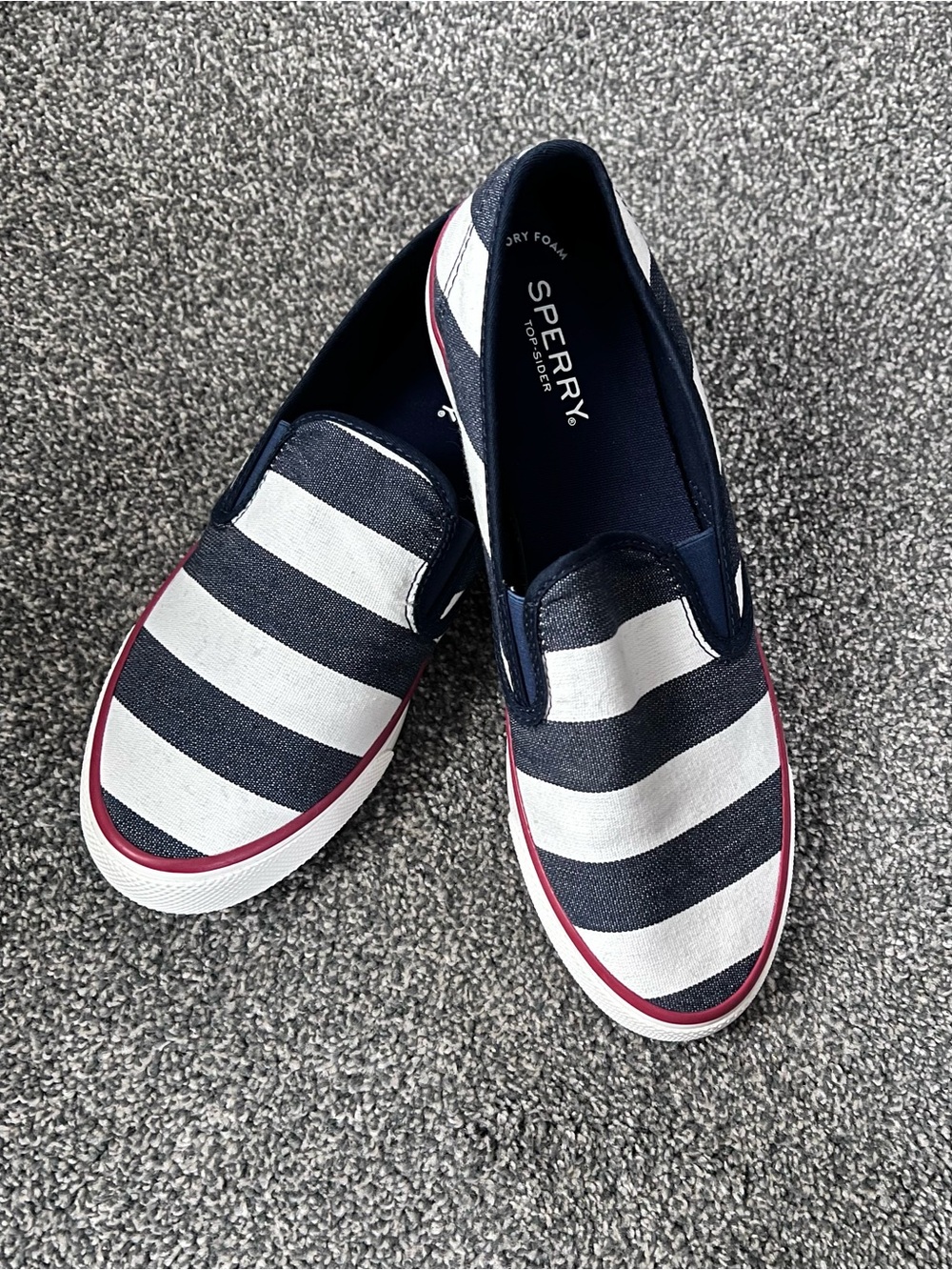 Sperry Navy and White Striped Slip-On Sneakers with Red Trim
